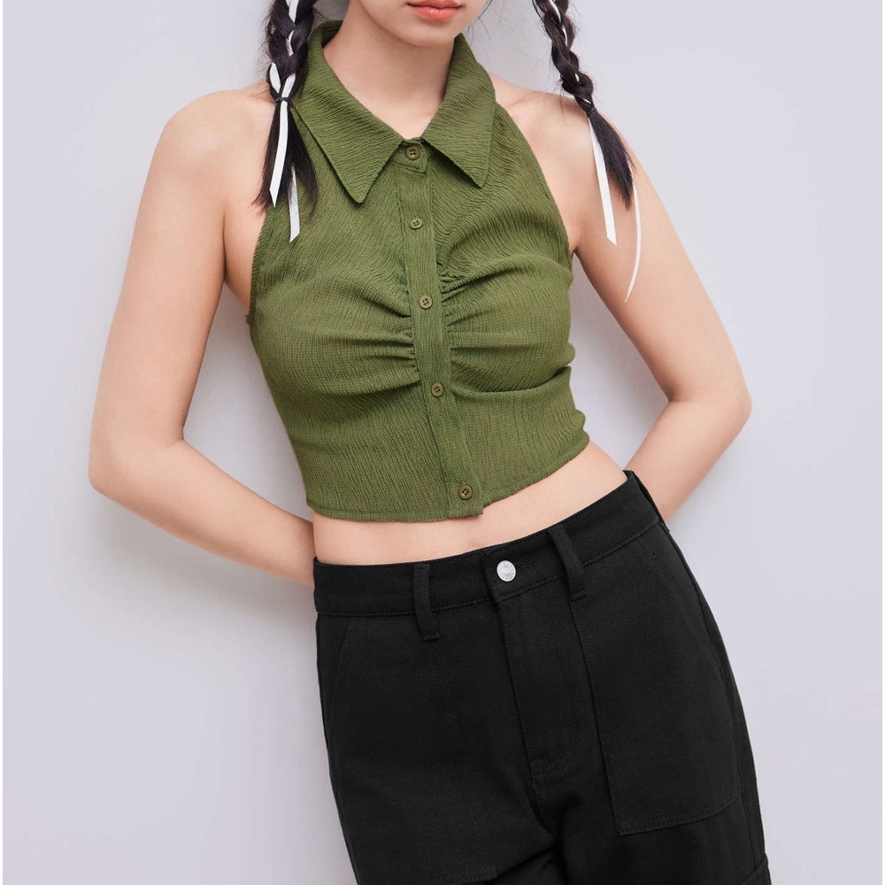 Cider Solid Texture Collar Crop Top - image 5